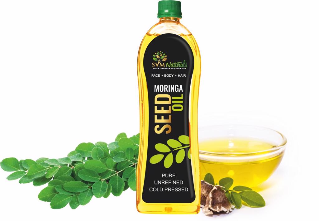 Product image - "Our SVM Exports Organic Moringa  Oil extract the 100% pure cold pressed oil from the good quality moringa seeds .  its  odorless and transparent oil that is widely used in cosmetic industries and pharmaceutical industries
Moringa oil is the most stable oil in nature and it does not go rancid. 
High content of oleic acid and is easily penetrates into skin layers that maintains skin texture
Available Packing
100ml oil